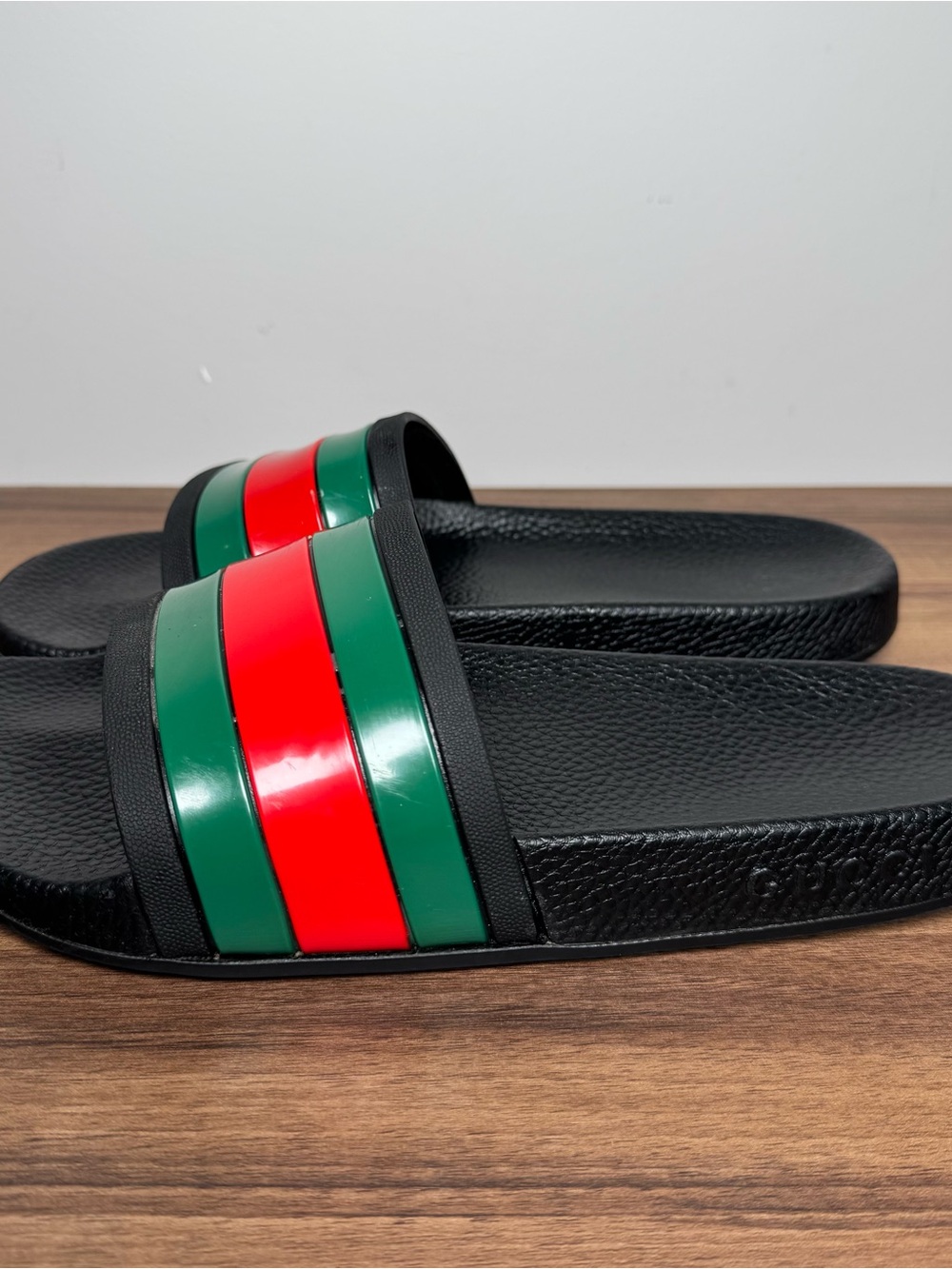 Gucci Black Slides with Red and Green Striped Strap